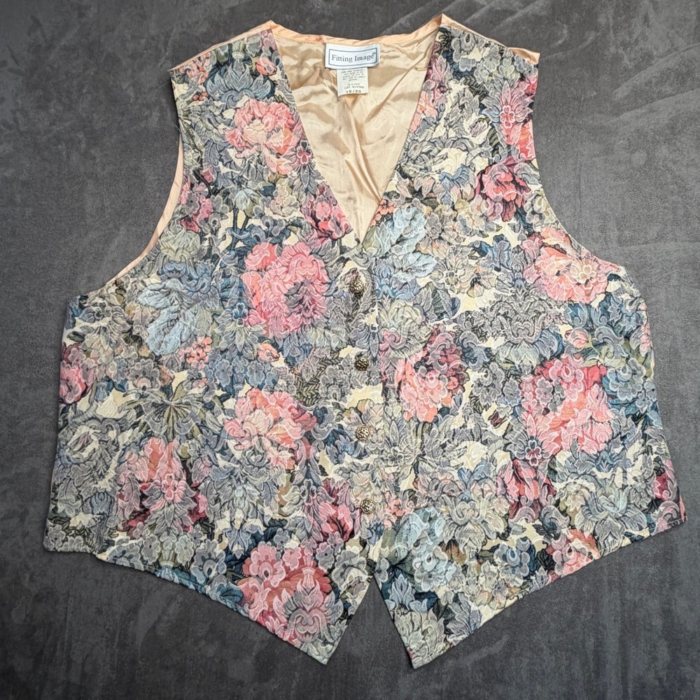 VTG Fitting Image Floral Tapestry Vest 18/20 Pink Blue V-Neck Button Front 90s